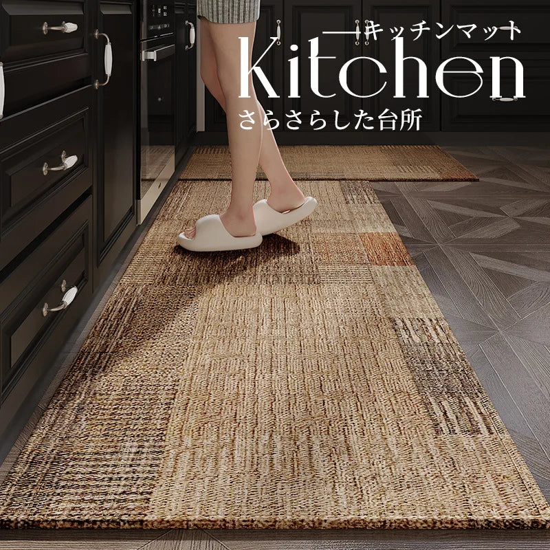 tapis cuisine antidérapant patchwork polyester résistant bactéries moderne rustique beige marron opacité