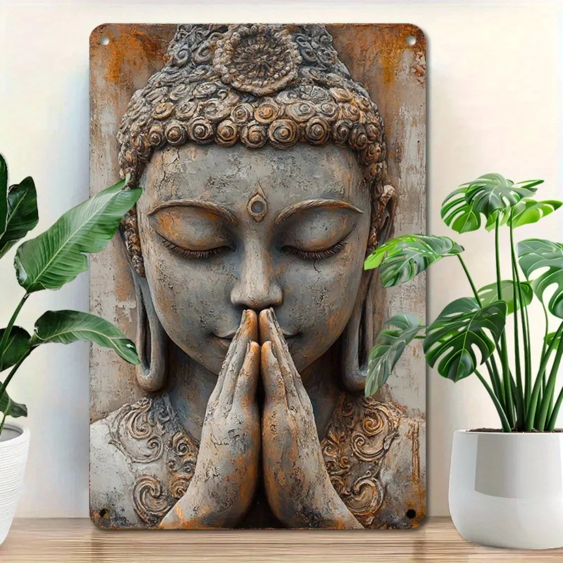 statue bouddha aluminium relief sculpté gris brun beige décoration murale intérieur extérieur (Seulement 14