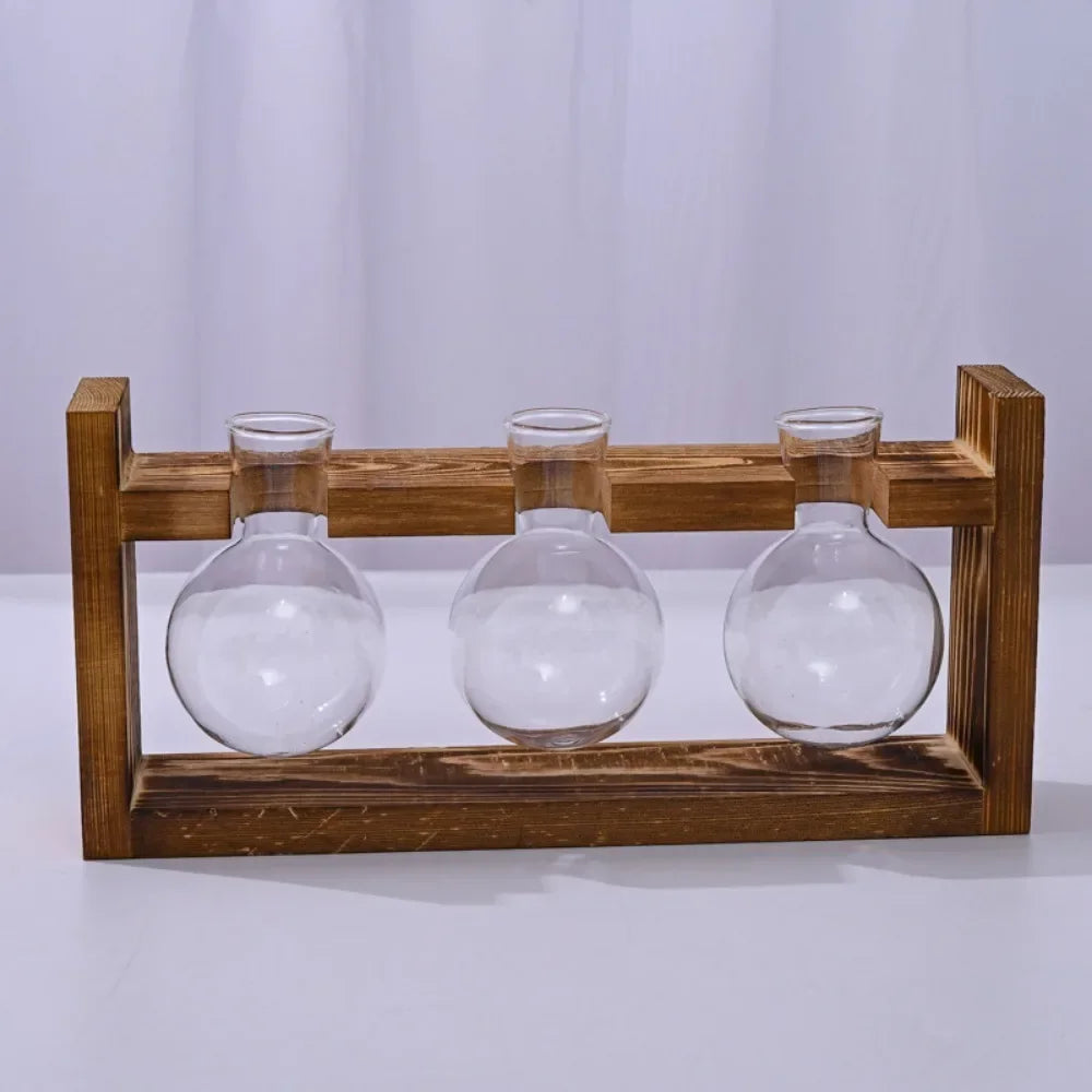 support plante verre moderne bois marron clair vase table decoration maison transparent naturel