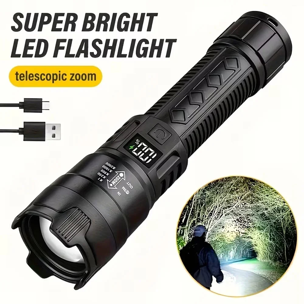 torche portable led rechargeable zoom télescopique batterie usb boîte moderne noire intense