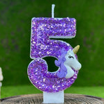 bougies anniversaire forme chiffre licorne pailletées violet blanches décoratives enfants