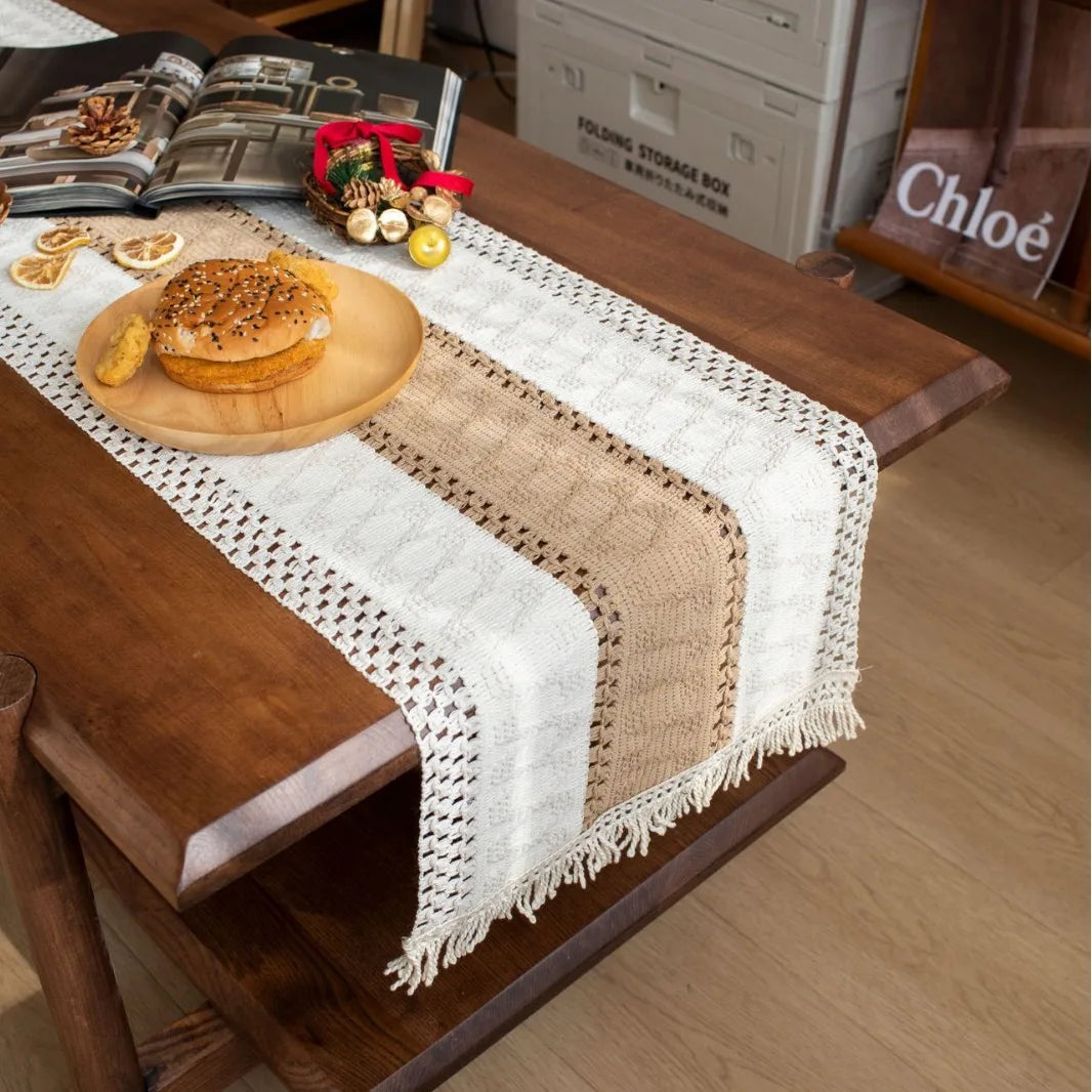 chemin table crocheté franges beige blanc rustique maison décoratif polyester coton large longueur