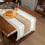 chemin table crocheté franges beige blanc rustique maison décoratif polyester coton large longueur