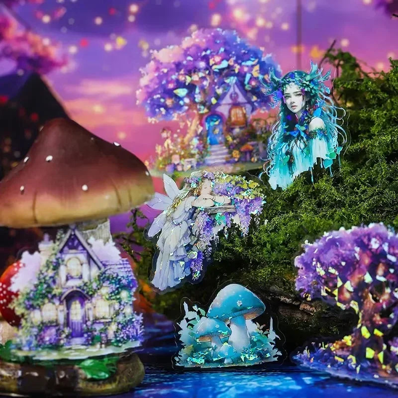 autocollants decoratifs feeries personnages animaux foret maison champignons fleurs bleu blanc vert rose violet