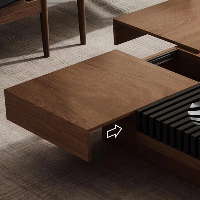 table basse bois carrée moderne tiroirs motifs horizontaux salon minimaliste