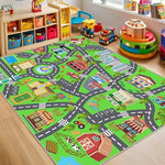 tapis rectangulaire moderne imprimé route animaux vert clair gris blanc rouge bleu jaune extérieur