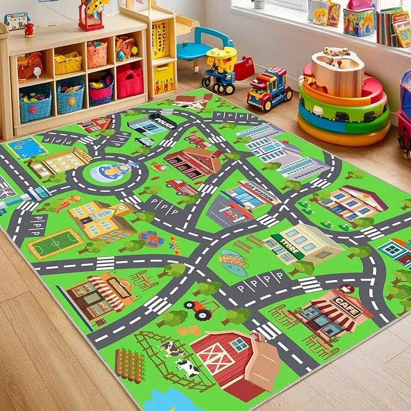 tapis rectangulaire moderne imprimé route animaux vert clair gris blanc rouge bleu jaune extérieur