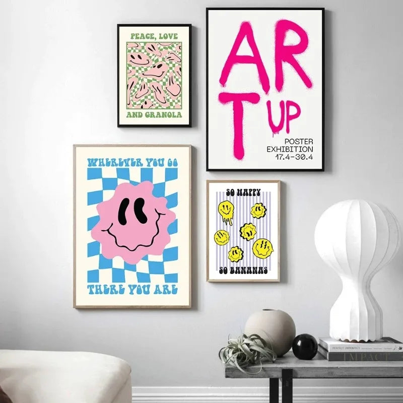 affiche pop art smiley géométrique moderne sans cadre couleur jaune rose bleu verte chambre
