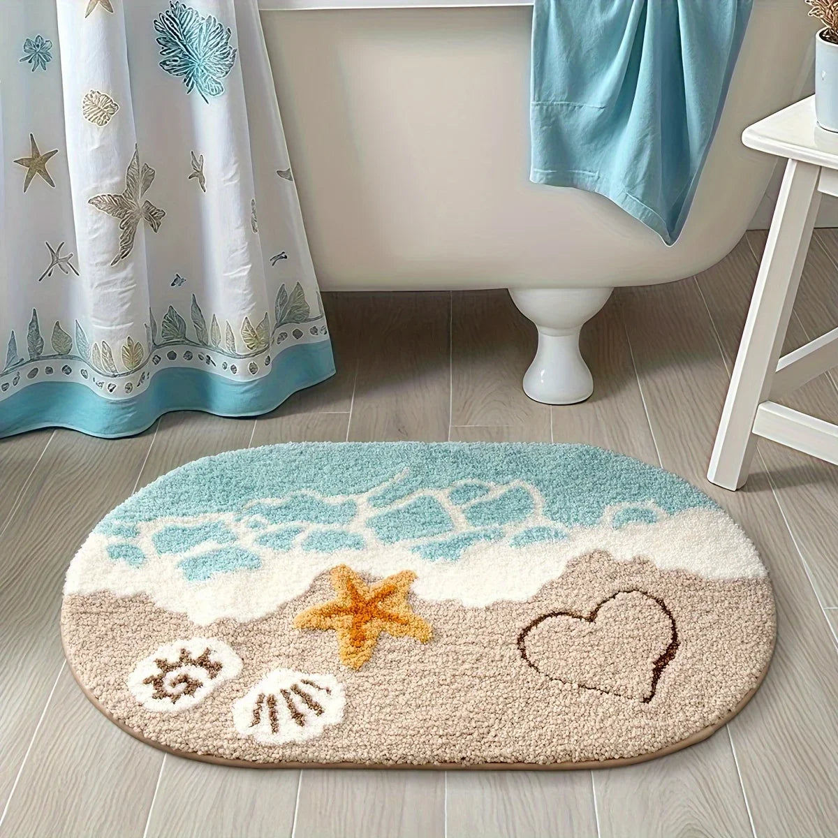 tapis bain absorbant antidérapant plage sable vague cœur étoile mer coquillages texture moelleuse chambre