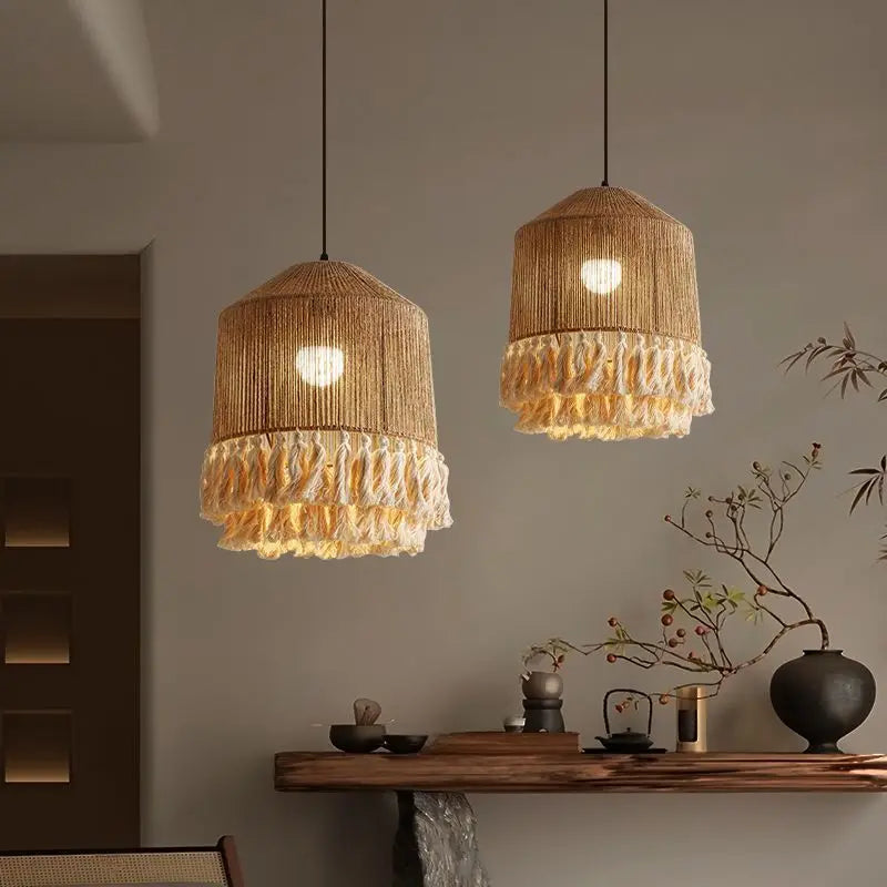 suspension lumineuse boho tissu tressé franges beige blanc rustique