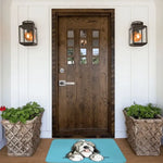 Détail du motif Bearded Collie sur tapis bleu marine