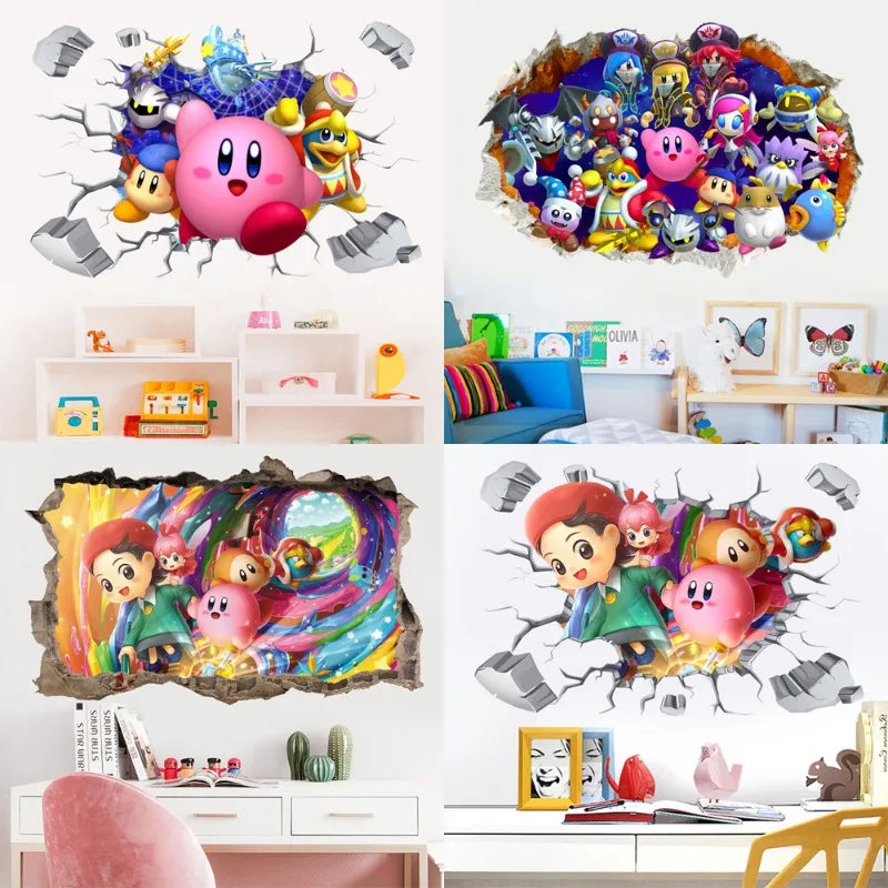 autocollant mural kirby personnages animés fond coloré cartoon 3d rose bleu blanc gris opacité