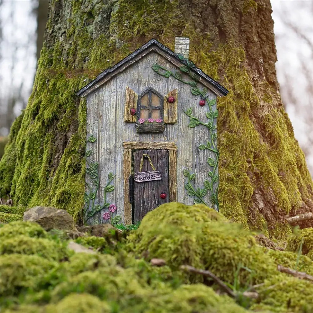 décoration extérieure porte fée bois feuilles pierre adhésif bienvenue fantaisie rustique jardin ornement