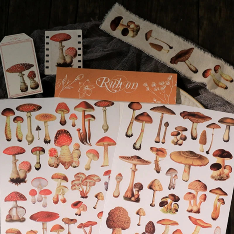 autocollants champignons vintage rouges beiges marrons scrapbooking craft diy stickers opaques
