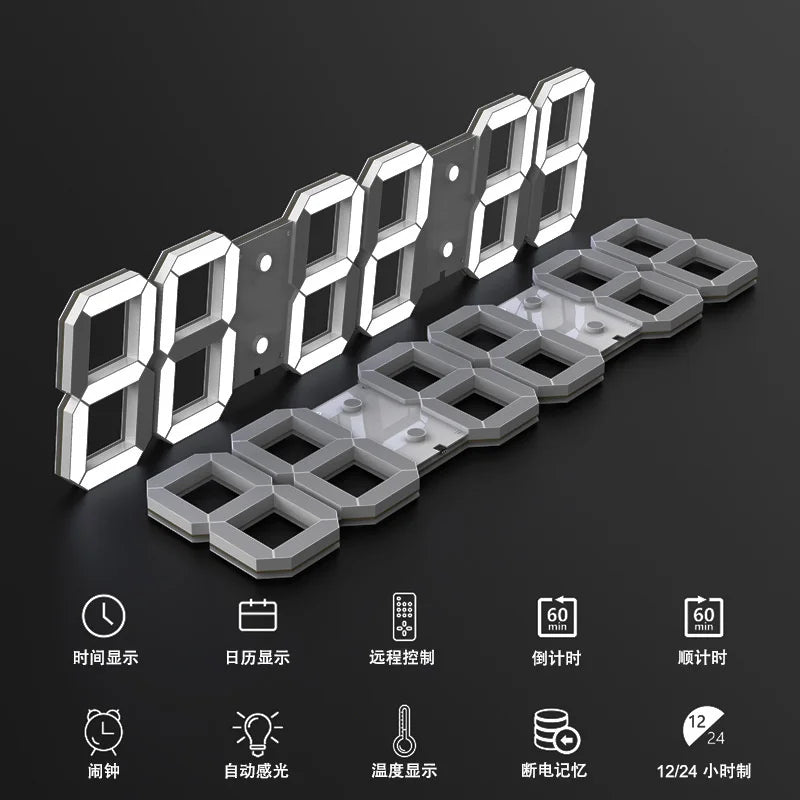 Horloge digitale blanche accrochée au mur avec télécommande à côté
