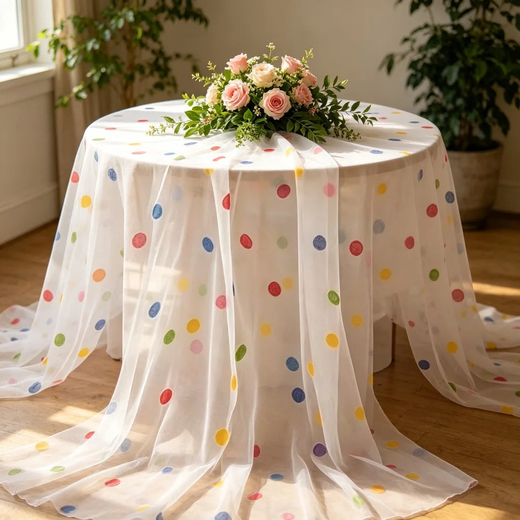 nappe tulle pois colorés transparente table festive mariage anniversaire fete thème carnavalesque
