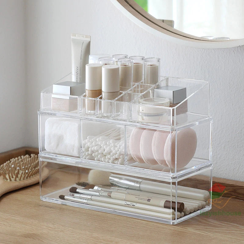 rangement cosmétique acrylique transparent moderne brosse maquillage coton tige poudre compacte crème visage vernis