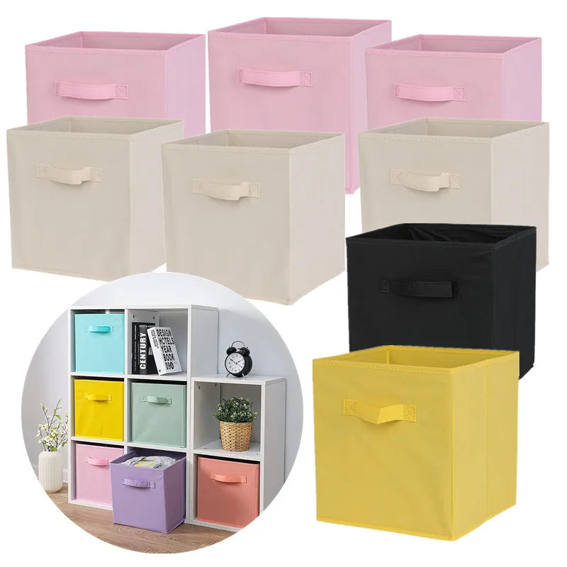 boîtes rangement pliables tissu uni moderne rose clair beige noir jaune vert violet gris