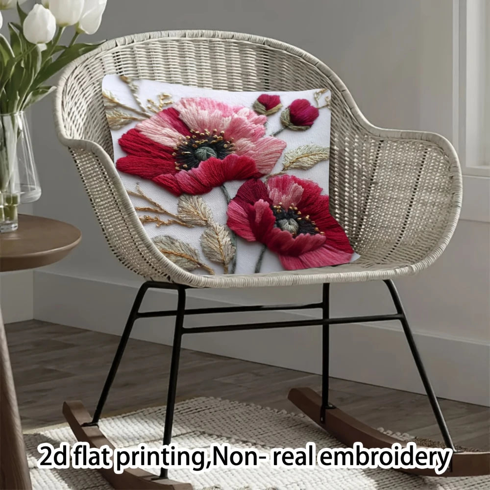 coussin carré blanc motif floral fleurs roses feuilles vertes bohême opacité 100% polyester lit