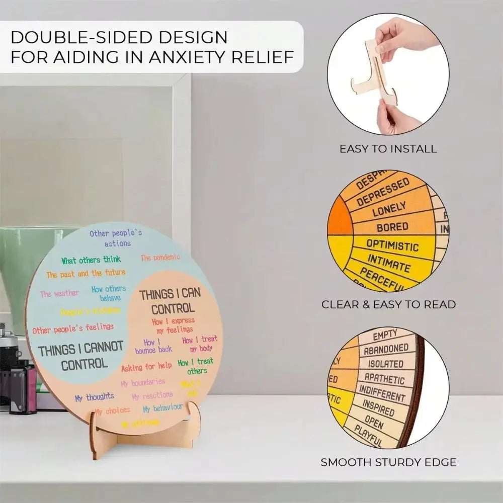 tableau d'affichage multicolore circulaire moderne sections colorées texte explicatif support bois