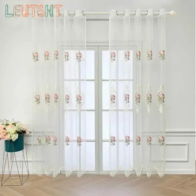 rideau tulle brodé fleurs blanc rose vert classique romantique transparentextérieur chambre salon machine lavable
