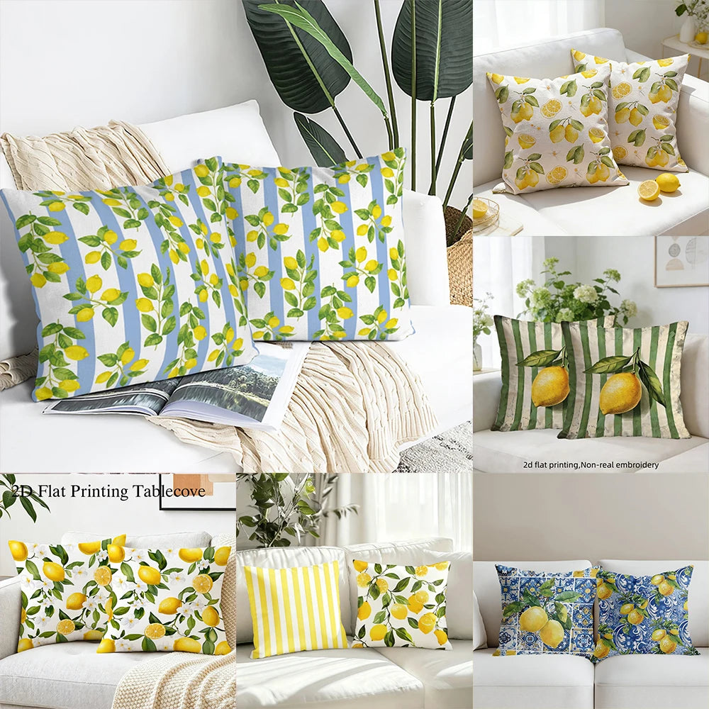 coussin décoratif carré motif citronnier bleu jaune vert moderne canapé salon intérieur extérieur