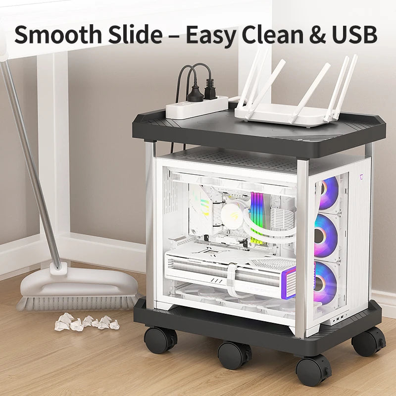 chariot mobile multifonctionnel roulettes blanc noir moderne organiser stockage tablettes cables charge