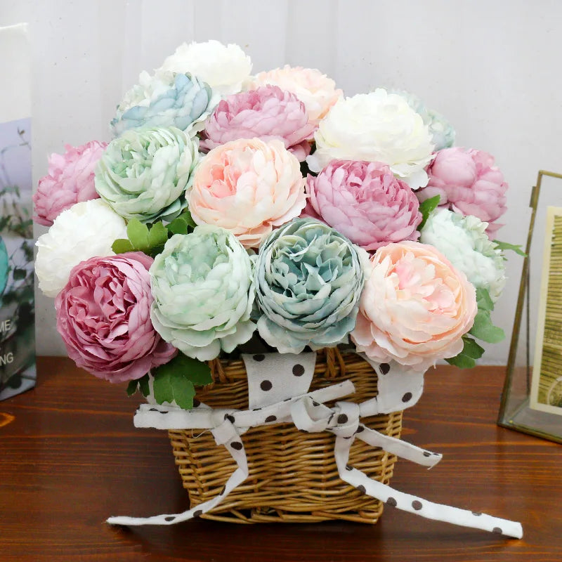 Bouquet artificiel pivoine rose pâle blanc feuilles vertes décoration intérieure romantique 29cm total length