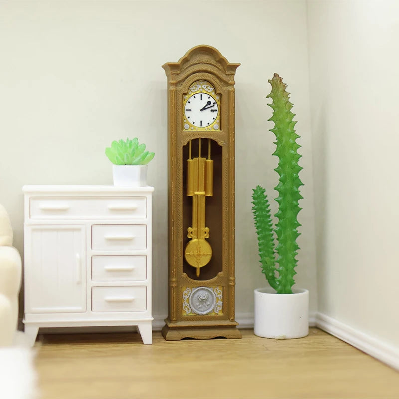 pendule rétro miniature grand père imitation bois détails dorés cactus nature maison poupée animaux
