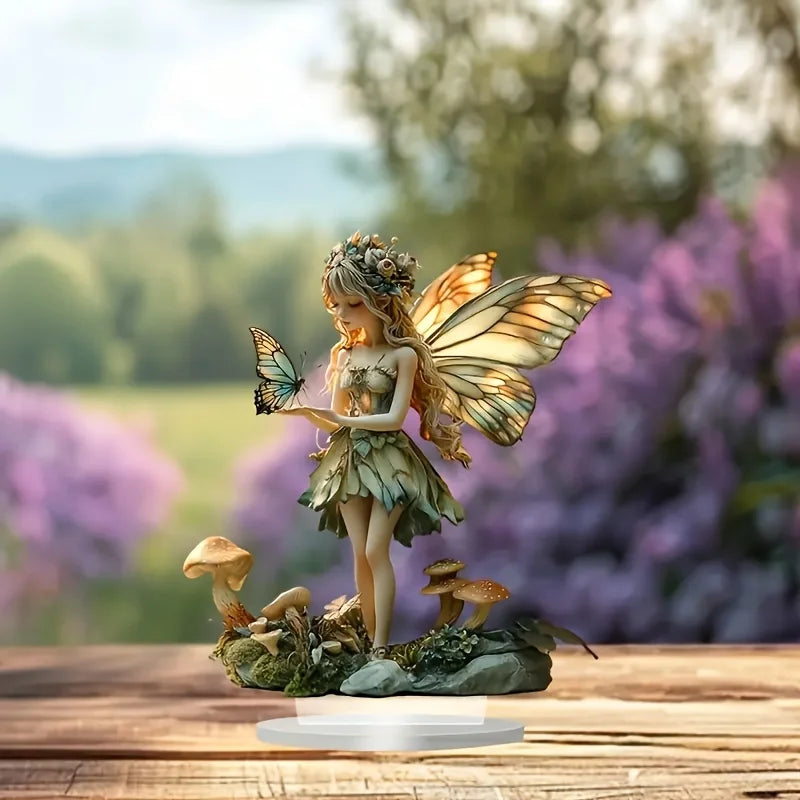 statue fée vert beige doré fantaisie détails floraux base plate papillon champignons roche feuilles