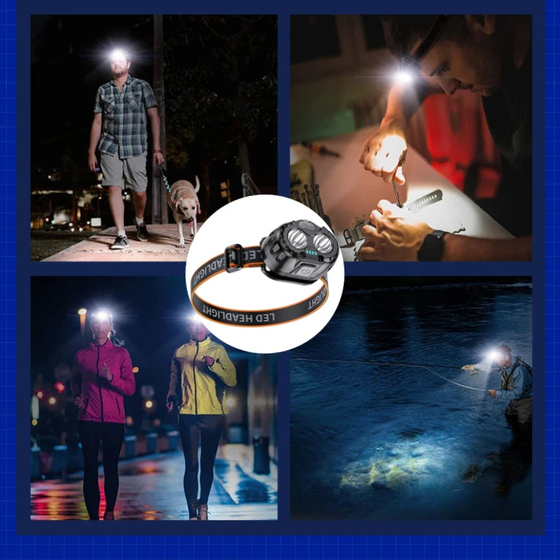 lampe frontale led rechargeable ipx4 clip noir orange éclairage camping pêche usb portable modulaire