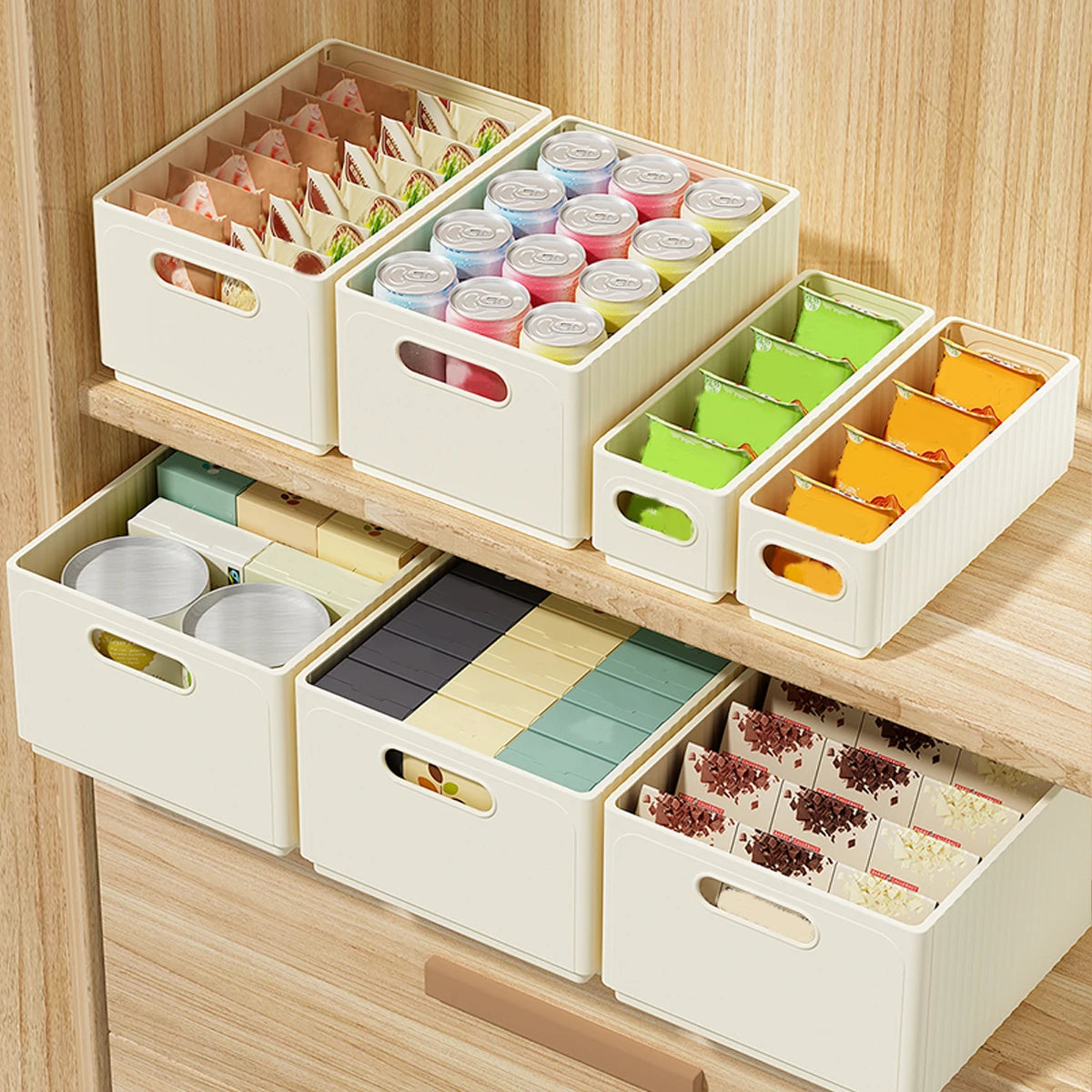 boîtes rangement pliables plastique moderne beige poignées boucles ridées stockage multifonctionnel