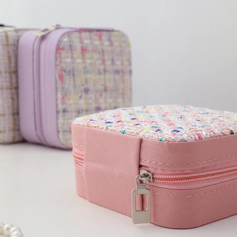 boîte rangement bijoux cuir pu rose noir rouge violet classique tissu carreaux glissière