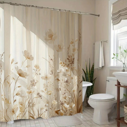 rideau douche moderne fleurs stylisées beige opalescent polyester jacquard naturel élégant salle bain respectueux