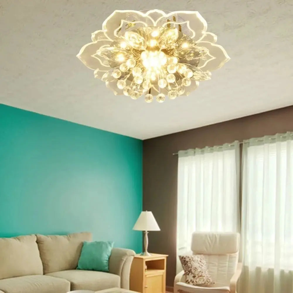 plafonnier led fleur crystal moderne élégant transparent blanc doré chambre salle manger