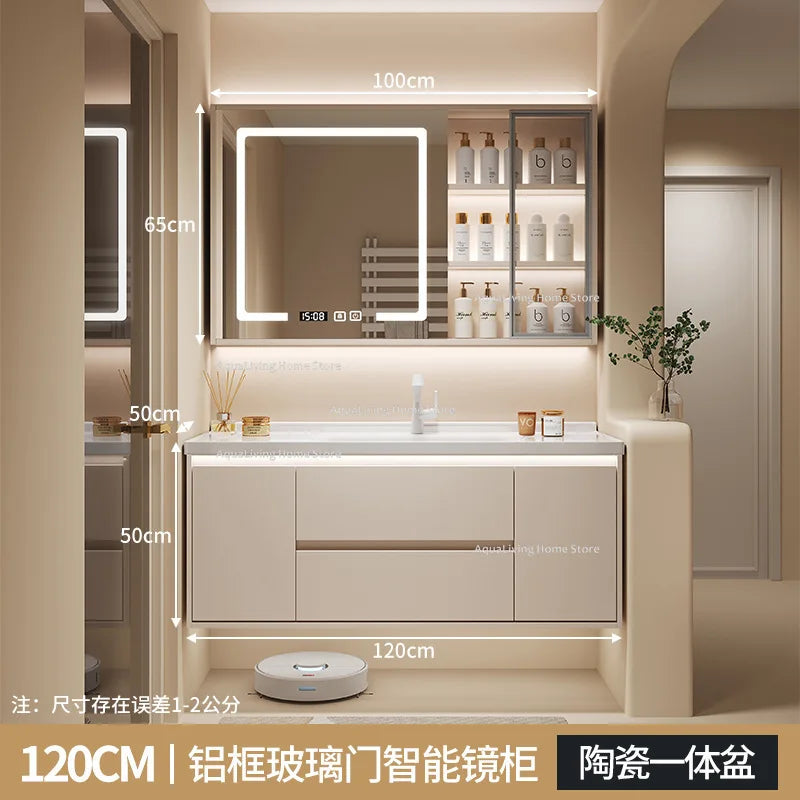 meuble salle bain moderne évier tiroirs beige clair miroir lumineux tapis motifs cosmétiques dorés