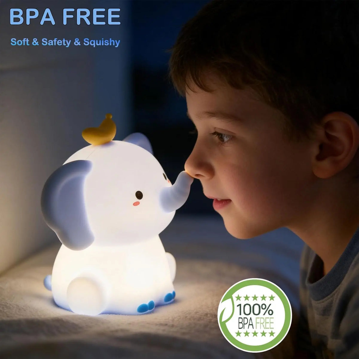 veilleuse éléphant blanc bleu jaune moderne flux lumineux faible intensité variable led chambre bébé