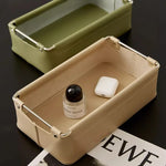 boîtes rangement cuir simili moderne minimaliste beige vert olive noir poignées métalliques