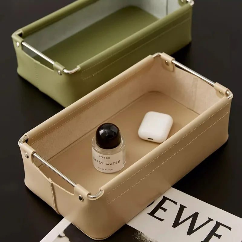 boîtes rangement cuir simili moderne minimaliste beige vert olive noir poignées métalliques