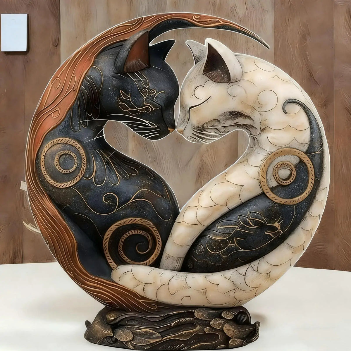 statue chats enlacés résine noire blanche motifs floraux décorative yin yang maison adulte