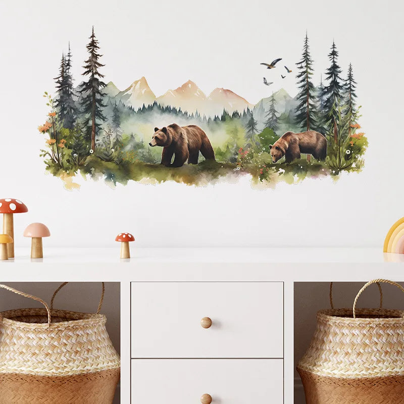sticker mural ours forestier paysage aquarelle decoration maison chambre enfants moderne