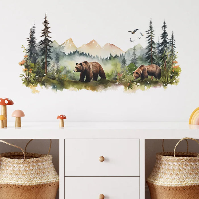 sticker mural ours forestier paysage aquarelle decoration maison chambre enfants moderne