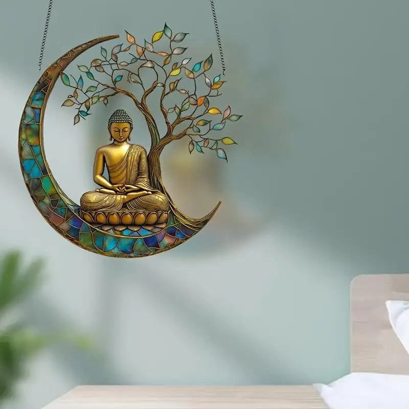 décoration suspendue bouddha or bronze bleu vert zen vitrail feuilles croissant lune chambre