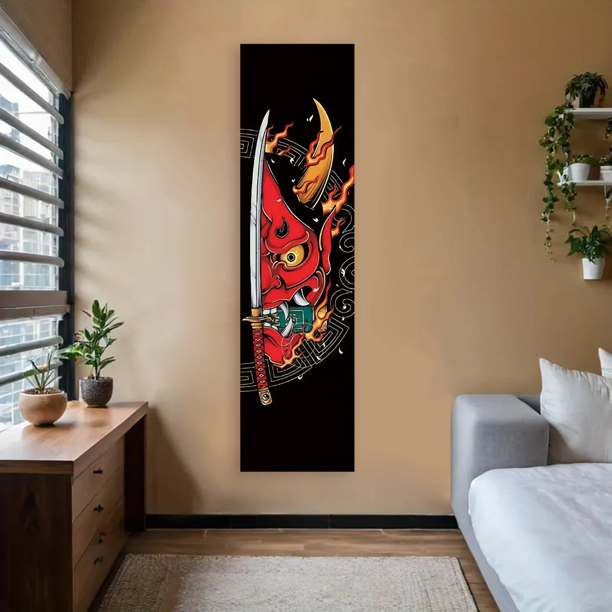 toile d'art moderne minimaliste vague soleil rouge textes japonais blanc noir polyester machine lavable