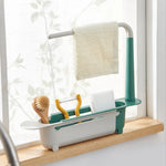 rangement évier extensible moderne barrette porte torchons compartiments brosses éponges vert jaune blanc bleu