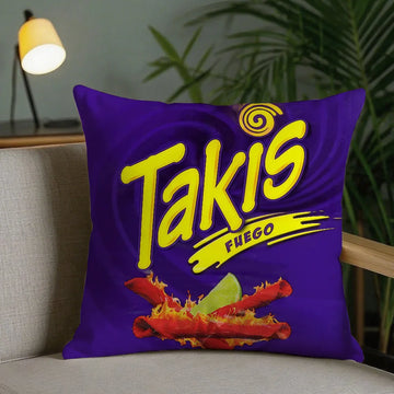 housse coussin carrée violet motif chips takis décoration canapé chambre moderne tissu polyester