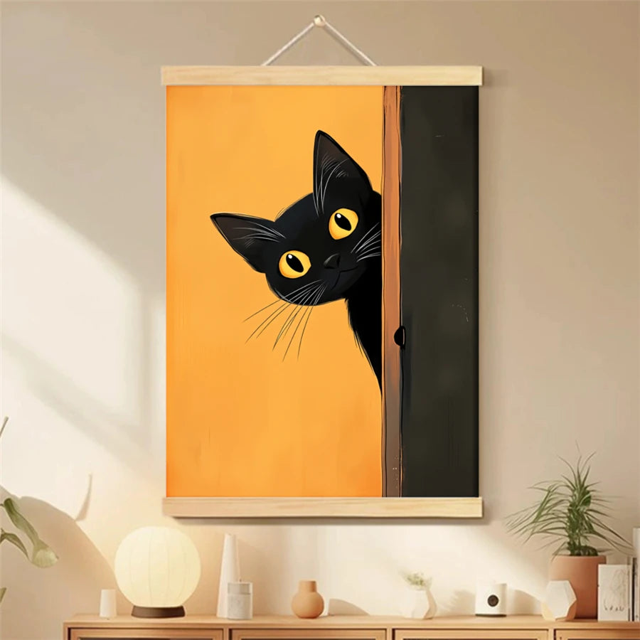 cadre mural moderne toile impression fleur chat minimaliste encre imperméable vertical prêt accrocher bois