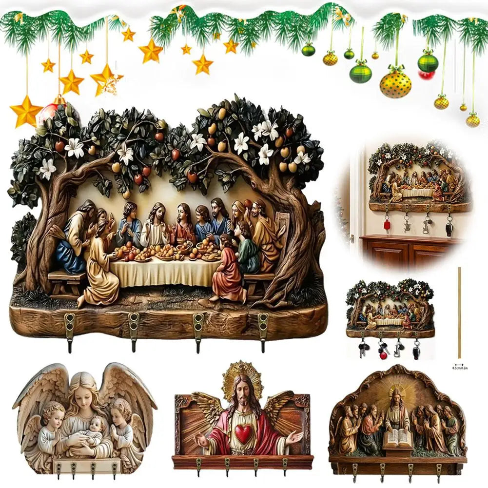 tableau mural décoratif scène religieuse arbre sculpté guirlande fruits fleurs marron beige vert rouge