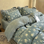 ensemble literie coton lin bleu gris motifs floraux drap plat taies oreillers vintage douillet