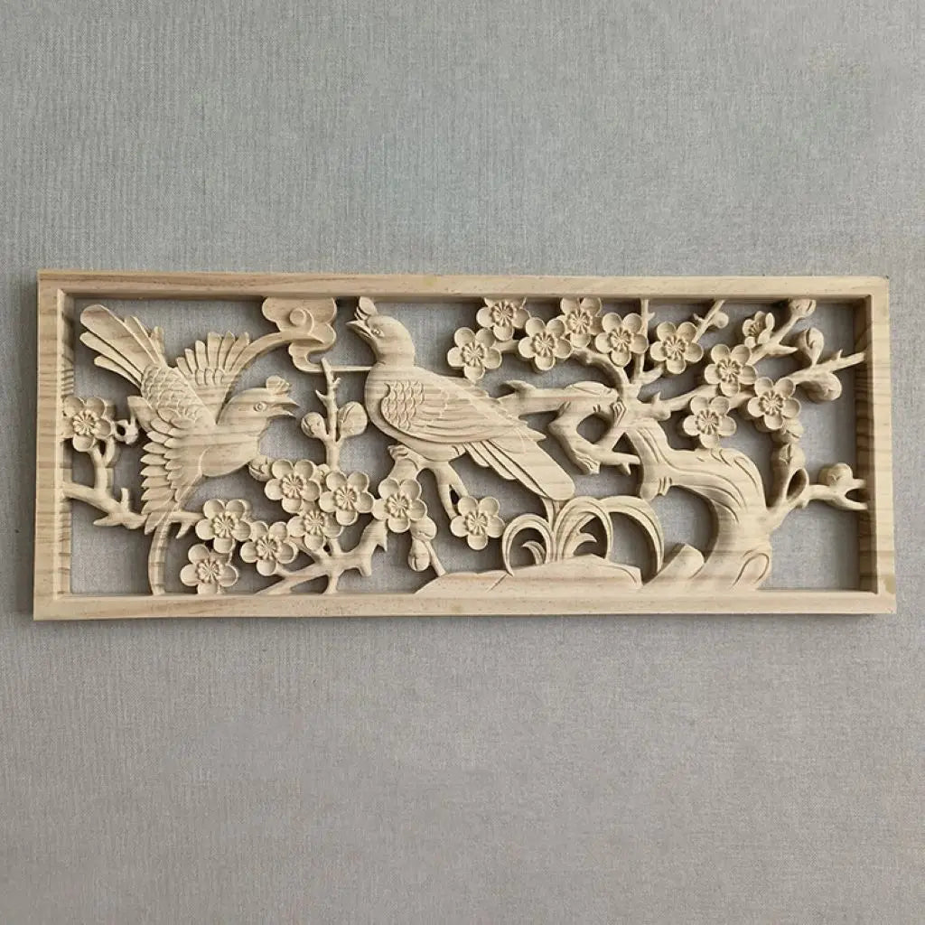 panneau decoratif bois sculpte oiseaux fleurs traditionnel chinois decoration murale rouge naturel